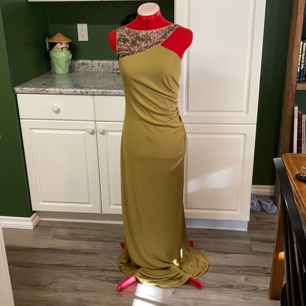 BCBGMaxAzria Olive Green One-Shoulder Maxi Dress with Sequin Yoke